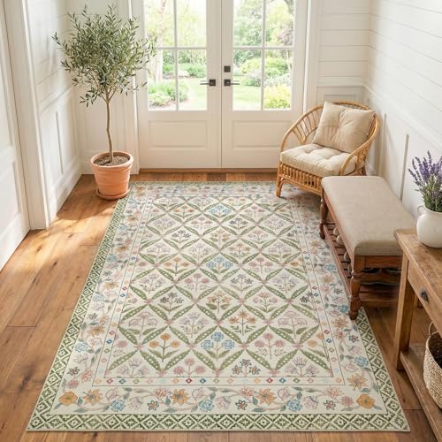 jinchan Haden 5x7 Vintage Floral Area Rug for Living Room Bedroom Soft Non-Slip Low Pile Washable Cottage Decor Dining Room Home Office Girls Dorm Carpet Sage Green - color: Sage Green, size: 5' x 7' (Rectangular)