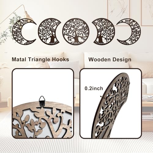 ASMANNA 5 Pcs Tree of Life Wall Art Moon Phase Wall Decor Wooden Wall Hanging Mandala Moon Decor Bohemian Lunar Aesthetic Art for Bedroom Living Room Dorm Apartment Office(Brown) - color: Brown2