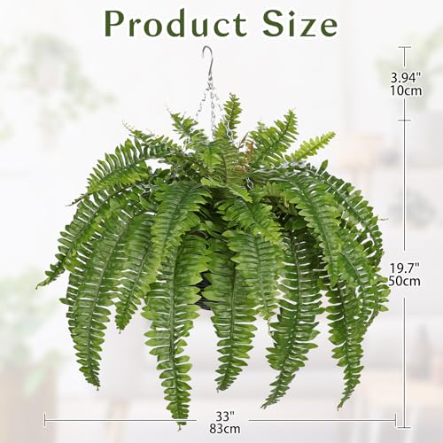 Hollyone 33" Artificial Boston Fern Hanging Basket Large 39 Leaves Fake Ferns in Rattan Pot Greenery Plants for Outdoors & Indoor Faux Fern Bush Basket Plant Patio Garden Home Decor Green - color: Hanging Basket - Green Large