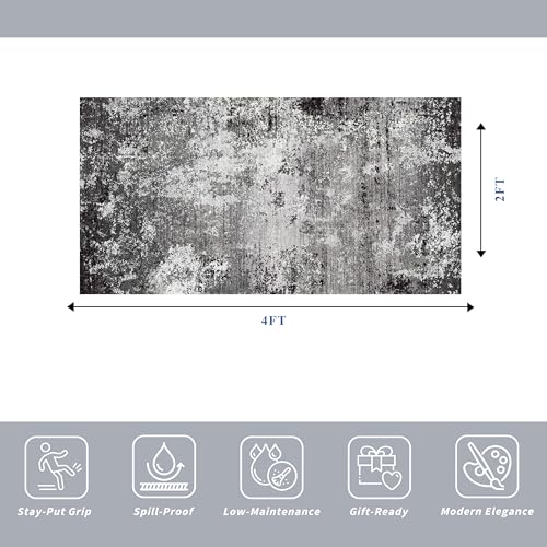 2x4 Washable Runner Rug – Non-Slip Small Throw Rug for Kitchen Floor, Bedroom, Entryway, Bathroom, Bedside – Modern Abstract Neutral Low-Pile Thin Indoor Door Mat（Black Grey,2x4） - color: Black Grey, size: 2' x 4' (Rectangular)