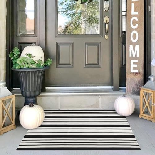 IOHOUZE Black and White Striped Rug 2'x3' Front Door Rugs, Small Washable Area Rug for Front Porch, Spring Summer Doormats Outdoor Indoor, Cotton Rugs for Entryway Porch Entrance - color: Black and White Stripe, size: 2' x 3' (Rectangular)