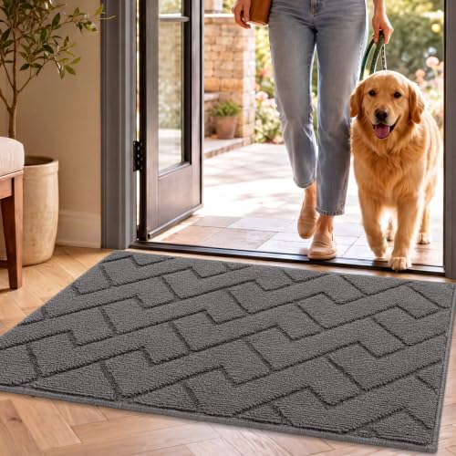 hicorfe Dirt Trapper Indoor Doormat,20"x32" Welcome Door mat,Non Slip Backing Washable Door Mats,Absorbent and Resistant Low-Profile Entrance Inside Floor Mat for Front Back Door and Entryway (Grey) - color: Grey, size: 32" x 20" (Rectangular)