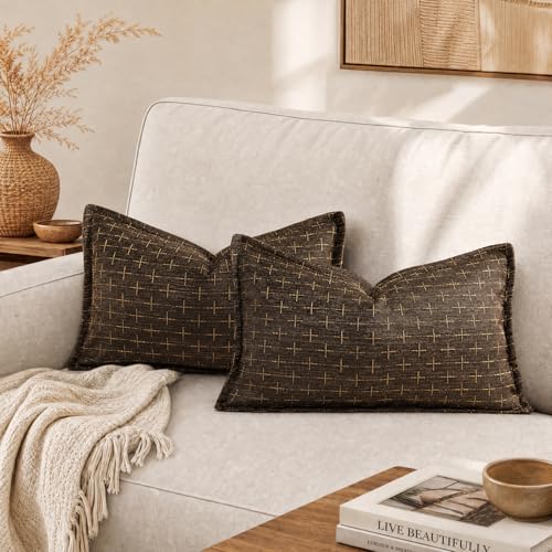 AVOIN colorlife Pack of 2 Decorative Throw Pillow Covers 20x12 Inch, Flange Edges Woven Textured Cushion Case Home Decor for Couch Sofa Bed Living Room Dark Coffee - color: Dark Coffee, size: 20" x 12" (Pack of 2)