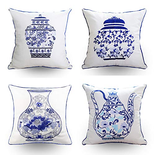 Embroidery Throw Pillow Covers 18x18 Home Décor Floor Pillows Cover for Couch 100% Cotton Cushion Cover 45x45cm Decorative Pillowcase, Chinese Blue and White Porcelain Bottles, 4 Pieces - color: Blue Bottle Set 4