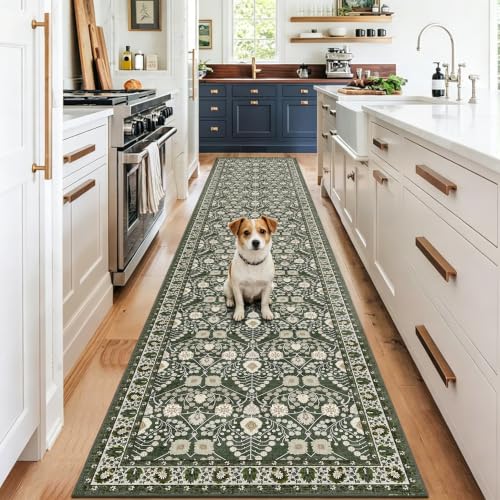 Green Washable Runner Rug 3x8: Soft Thin Kitchen Runners Non Slip Rubber Backing Stain Resistant Carpet for Hallways Indoor Vintage Floor Mat Home Decor for Bedroom Entryway - color: Green, size: 3' x 8' (Rectangular)