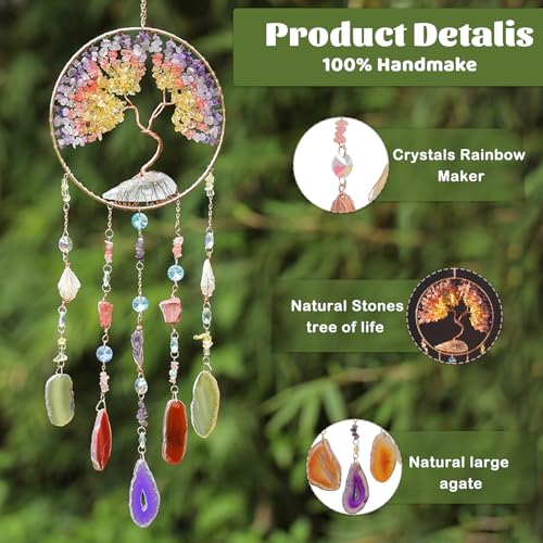 Agate Moon Dream Catchers with Crystal Color Gemstone Dream Catchers Natural Tree of Life Gem Agate Wall Hangings Room Garden Dreamcatchers Decor (Color) - color: Dusk