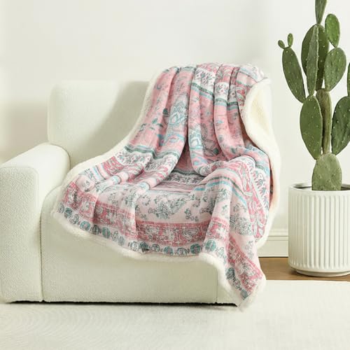 Boho Chic Sherpa Throw Blanket - Vibrant Bohemian Print & Ultra-Soft Cozy Lining, Stylish & Warm Winter Throw for Couch, Bed, or Décor - color: Boho-pastel Pink, size: 60" x 80"