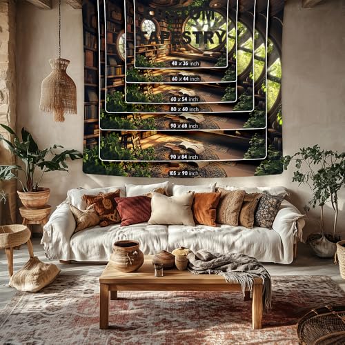 RichIdeas Window Tapestry Forest Window Tapestry Library Tapestries Tree Bookshelf Wall Blanket for for Bedroom Living Room Dorm Decor - color: Yellow-2, size: Customsize