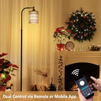 LAMSU Floor Lamp with Remote, Dimmable Rattan Floor Lamp with LED Bulb, Industrial Black Tall Pole Lamp with Rattan & Fabric Shades, Boho Farmhouse Standing Lamps for Living Room Bedroom Office - color: Black