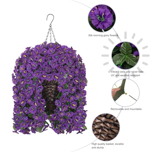 Artificial Fake Flowers Plants Hanging Baskets Outdoor Outside Spring Decor, Faux Silk Purple UV Resistant Look Real Morning Glory Home Patio Porch Balcony Decoration - color: Purple