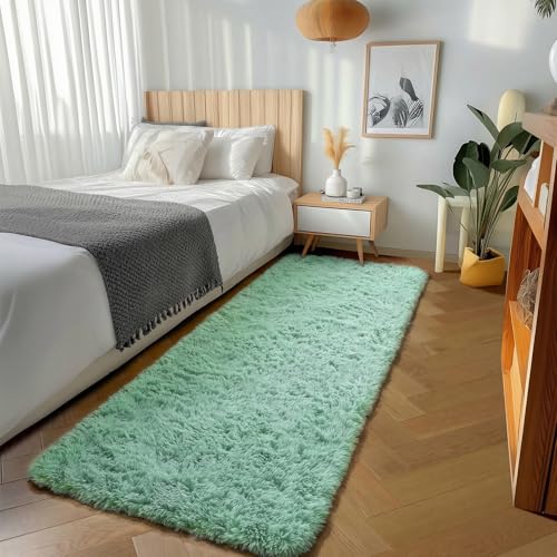 ONASAR Sage Green Runner Rugs for Bedroom Living Room, Fluffy 2x6 Bedside Hallway Area Rug, Ultra Soft Plush Furry Faux Fur Non Slip Floor Carpet for Nursery Kids Dorm Closet Home Decor Aesthetic - color: Sage Green, size: 2' x 6' (Runner)
