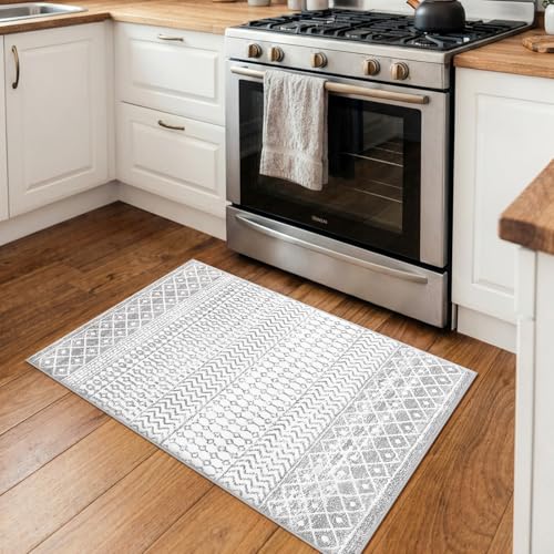 Moroccan Washable Rugs, 2x3 Ivory Gray Rug Non-Slip Small Distressed Entryway Rugs, Soft Low-Pile Bedroom Rug Indoor Doormat Carpet for Entryway Kitchen Bathroom - color: Ivory / Gray, size: 2' x 3' (Rectangular)
