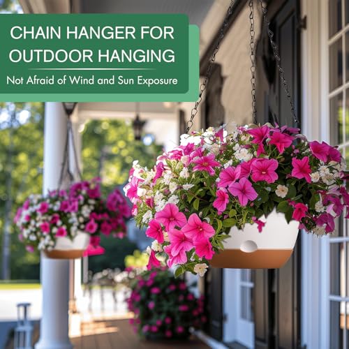 Set of 2-10 Inch Hanging Planters for Indoor Plants with Self-Watering Includes Hanging Pots for Plants, Outdoor Hanging Plant Pot with Drainage, and 2 Types of Hanging Baskets Hangers (White, 10inch) - color: White, size: 10inch