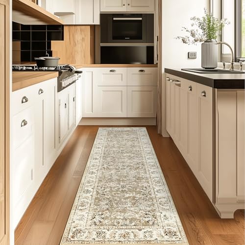 jinchan Fiora Runner Rug 2x5, Distressed Vintage Floral Washable Rug with Low-Pile Surface and Non-Slip Backing, for Entryway Kitchen Laundry Room Indoor Walkways and High-Traffic Areas, Taupe - color: Distressed Taupe, size: 2' x 5' (Light Weight)