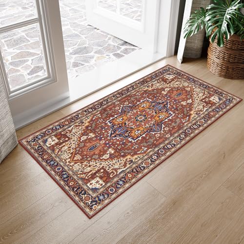 Moynesa Ultra-Thin Washable Kitchen Rugs, 2x4 Small Entryway Rug Door Mat Non Slip Stain Resistant, Oriental Throw Rug for Front Indoor Entrance Bathroom Laundry Room, Brown/Multi - color: Brown/Multi, size: 2' x 4'
