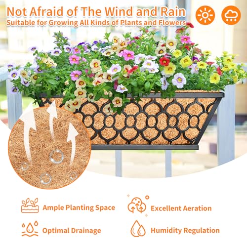 Riare 2 Pack 16 Inch Window Boxes Planters with Coco Liner, Metal Deck Railing Planter Boxes, Balcony Planters Railing Hanging, Horse Trough Window Flower Planter Boxes for Outdoor Porch Fence Patio - size: 16Inch