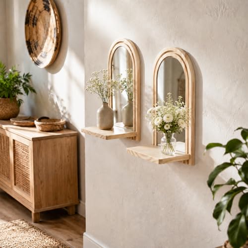 Artilady 4 Pack Wood Floating Shelves Boho Decor, Farmhouse Wall Mounted Mirror Wall Art for Living Room Bathroom Bedroom, Candle Crystal Plant Shelf (Beige Mirror 1) - color: Beige Mirror 1