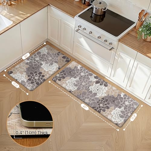 GENIMO Kitchen Mats for Floor, Kitchen Rugs Non Slip Washable Sets of 2, Waterproof Cushioned Anti Fatigue Mat, Floral Runner Rug for Laundry, Sink, Office, Home, 17.3"x47"+17.3"x30", Coffee Brown - color: Coffee&brown, size: 17.3"x47"+17.3"x30"
