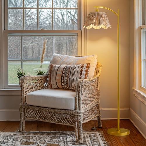 Oneach Boho Floor Lamp with 3 Color Temperatures, Farmhouse Floor Lamps for Living Room with Remote & Dimmable Bulb, Rattan Floor Lamp for Bedroom, Gold - color: Light Gold