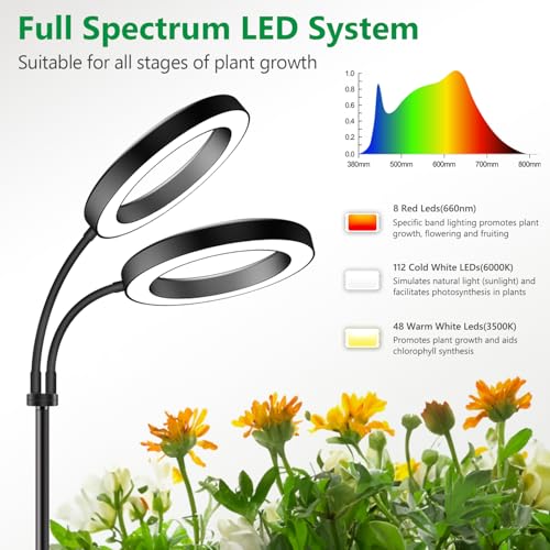 Aumtrly Large Plant Light for Indoor Plants, 2 Head Full Spectrum Grow Light with 68" Adjustable Stand for Growing Large Tall Plants, Black Halo Floor LED Grow Lamp with 16 Hour Timer - size: 2 head 68inch/black
