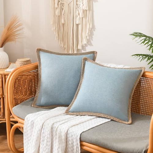 NordECO HOME Set of 2 Farmhouse Throw Pillow Covers - Burlap Linen Trimmed Tailored Edges Decorative Cushion Covers for Bed Home Decoration, 18 x 18, Blue - color: Light Blue, size: 18" x 18" (Pack of 2)
