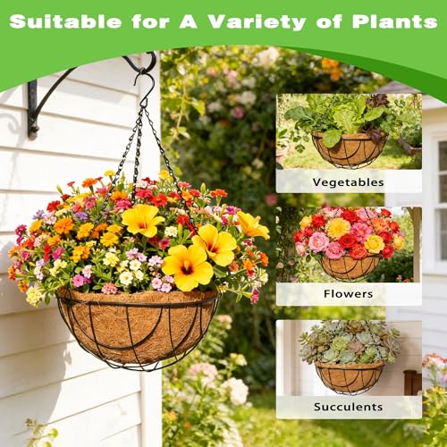 2 Pack 12 Inch Black Metal Hanging Basket Hanging Planter with Coco Coir Liner Heavy Duty Hanging Flower Pot Holder for Indoor Outdoor Patio Garden Porch Balcony Decor (Earth) - color: Earth