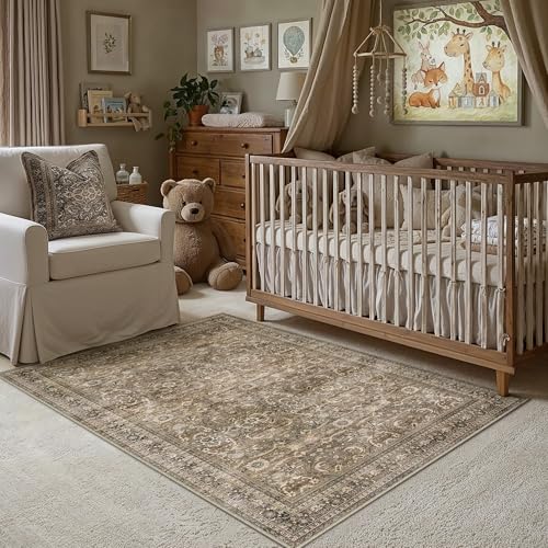 HUGEAR 3x5 Entryway Area Rug Vintage Brown Small Rug Machine Washable Door Mat Retro Floral Mid Pile Carpet Soft Thicker Distressed Throw Rug Entrance Kitchen Bedroom Bathroom Non Slip - color: Retro | Brown, size: 3' x 5' (Thicker)