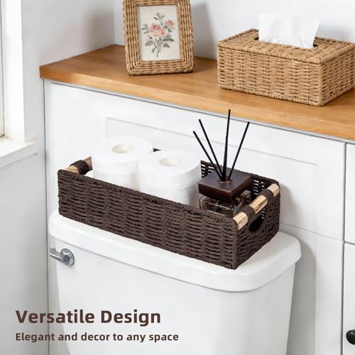 CubesLand Back of Toilet Storage Basket for Organizing w/Cut Out Handle, Handwoven Toilet Tank Top Paper Baskets, Small Wicker Decorative Basket for Countertop, Home, Living Room, Nursery, Brown - color: Brown, size: S-12.99" (L) X 6.29" (W) X 3.15" (H)
