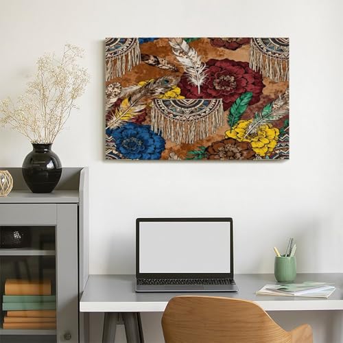 Boho Feather Fringe Art Wall Art Decor Framed 18x12 Inch, Wall Decor Poster for Bedroom Living Room Office Decor (Wooden Inner Frame) - size: 18"L x 12"W