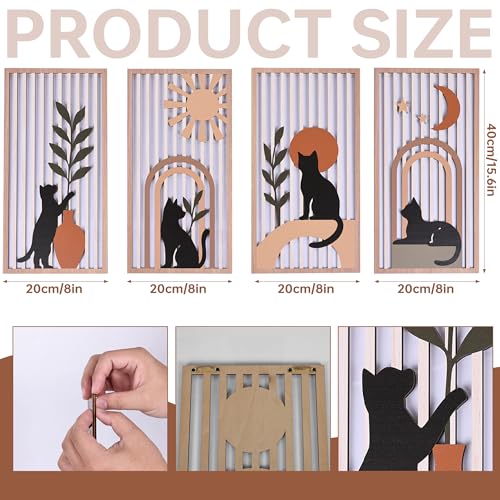 suruim Black Cat Wall Art Set of 4, Cat Wall Decor & Black Cat Decor, Mid-Century 3D Wooden Cat Art Wall Decor for Bedroom Living Room Office Boho Home Decor - color: A