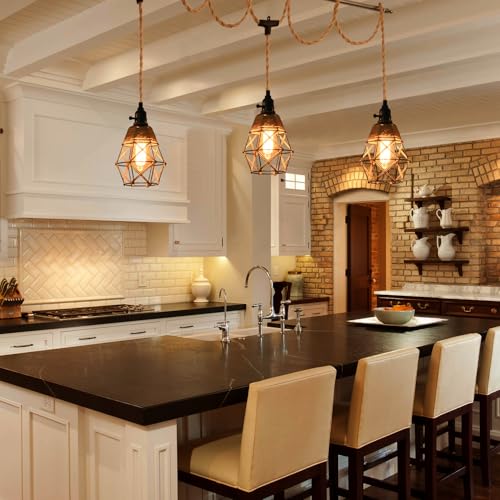 3 Light Hemp Rope Plug in Pendant Light Rattan Hanging Lights with Plug in Cord with Woven Lamp Shade, Hanging Lights with Plug in Cord Hemp Rope Hanging Lamp - color: 3 Light Pendant Lights
