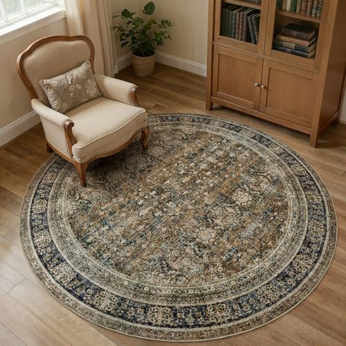 WITSHOCK 8ft Round Area Rugs for Living Room - Washable Vintage Rug Retro Antique Dark Large Non Slip Low Pile Soft Boho Indoor Floor Carpet for Bedroom Dining Room Home Decor, Brown Olive Green - color: Brown/Olive Green/Purple, size: 8' (Round)