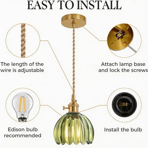 Green Tulip Glass Pendant Light, 2 Natural Light Bulbs Included, Adjustable Cord with Switch, Suitable for Kitchen Island/Dining Room - color: Green 2pcsTulip Pendant Light