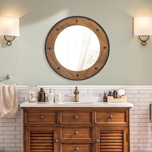 Rustic Round Wall Mirror 24 Inch, Natural Wood Frame with Black Metal Trim, Industrial Farmhouse Style Wall Mirror with Decorative Nailhead Accents for Bathroom, Living Room, or Entryway