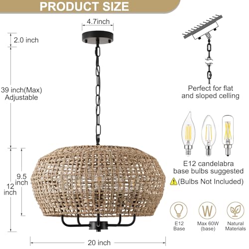 20" Boho Rattan Chandelier for Dining Room,5-Light Hand-Woven Natural Rattan Ceiling Light Fixture with Adjustable Chain,E12 Sockets Dimmable Pendant Light for Kitchen Living Room Hotel(Black) - color: Black 5-Light 20" Round