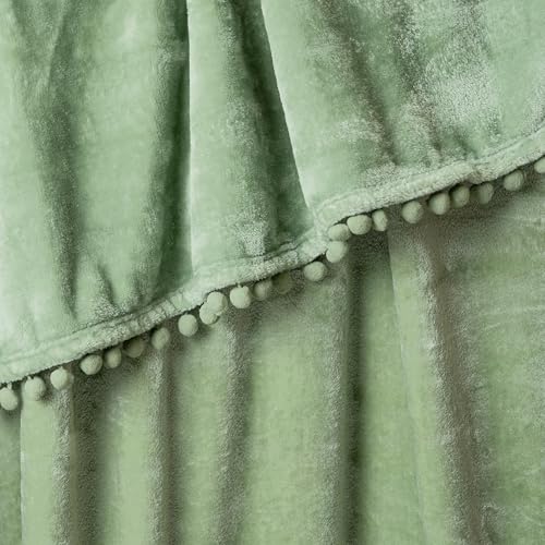 PAVILIA Fleece Throw Blanket for Couch with Pom Pom Fringe, Sage Light Green, Soft Cozy Fuzzy Flannel Blanket for Sofa Bed, Large Lightweight Plush All Season Throw, 60x80 Inches - color: Sage Green, size: 60"x80"