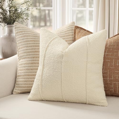 YCOLL Textured Boucle Throw Pillow Covers 18x18 Pack of 2 - Soft Neutral Striped Cushion Covers, Cozy Accent Decorative Pillow Covers for Couch, Sofa, Bed, Living Room (Cream) - color: Cream, size: 18" x 18" (Pack of 2)