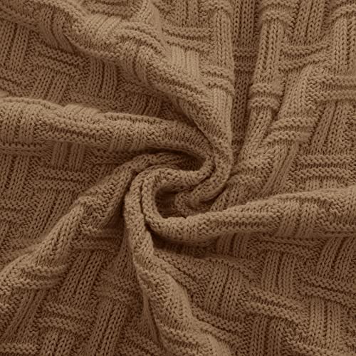 RUDONG M Light Brown Cotton Cable Knit Throw Blanket, Cozy Warm Knitted Couch Cover Blankets, 60 x 80 Inch - color: Light Brown, size: Twin(60" x 80")