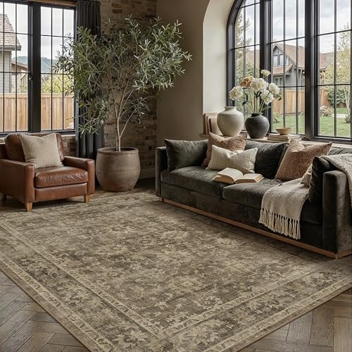 HUGEAR 6x9 Area Rug Brown Machine Washable Rug Room Decor Vintage Distressed Living Room Carpet Non Slip Low Pile Throw Rugs for Bedroom Dining Room Office Soft Lightweight - color: A| Brown, size: 6' x 9' (Rectangular)