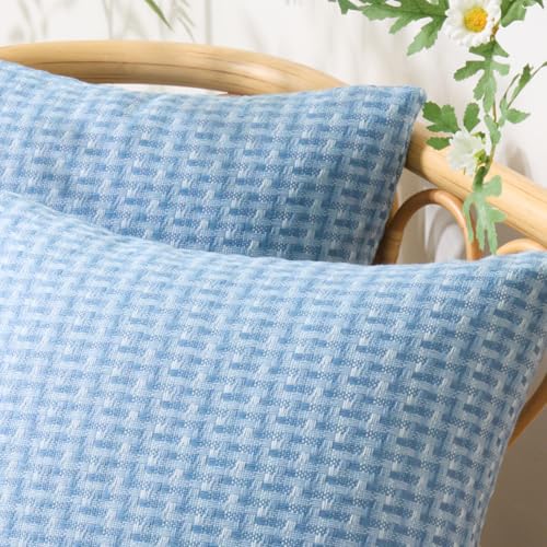 UGASA Outdoor Waterproof Pillow Covers Pack of 2 Weaving Texture Water Resistant Outside Decorative Pillow Cases for Patio Garden Porch Yard Bench Tent 18x18 Inch, Light Blue - color: Light Blue, size: 18" x 18" (Pack of 2)