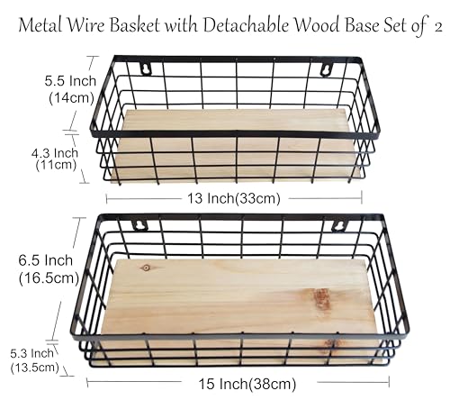 ShabbyDecor Metal Wire Basket Detachable Wood Base Storage Organizer Farmhouse Hanging Basket for Kitchen Cabinets, Bathroom, Pantry, Laundry Room Set of 2,Black Color - color: Black, size: Medium&Large