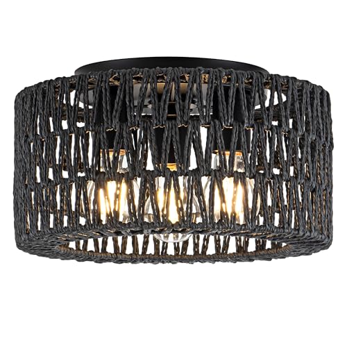Rattan Ceiling Light Fixture, 3-Light Bohemian Modern Woven Ceiling Light, Black Boho Flush Mount Ceiling Light for Bedroom Living Room Dining Room, Bulb Not Included - color: Black, size: 3-Light-Round