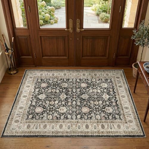 jinchan 4x6 Washable Vintage Area Rug, Distressed Traditional Floral Dining Room Rug, Soft Low-Pile Non-Slip Floor Mat for Bedroom Nursery Home Office Living Room, Black - color: Oriental Taupe on Black, size: 4' x 6' (Rectangular)