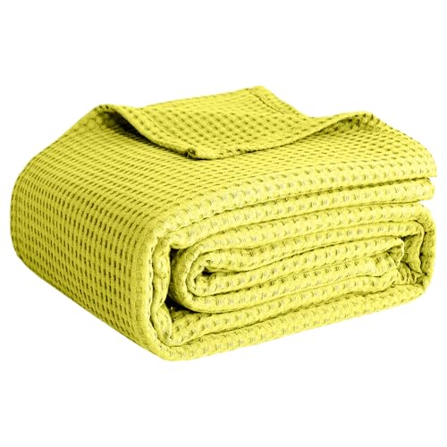 100% Cotton Blankets for Bed - Waffle Weave Blankets for Summer, Lightweight and Breathable Soft Woven Blanket for Spring (Yellow, Throw (50" x 60")) - color: Yellow, size: Throw (50" x 60")