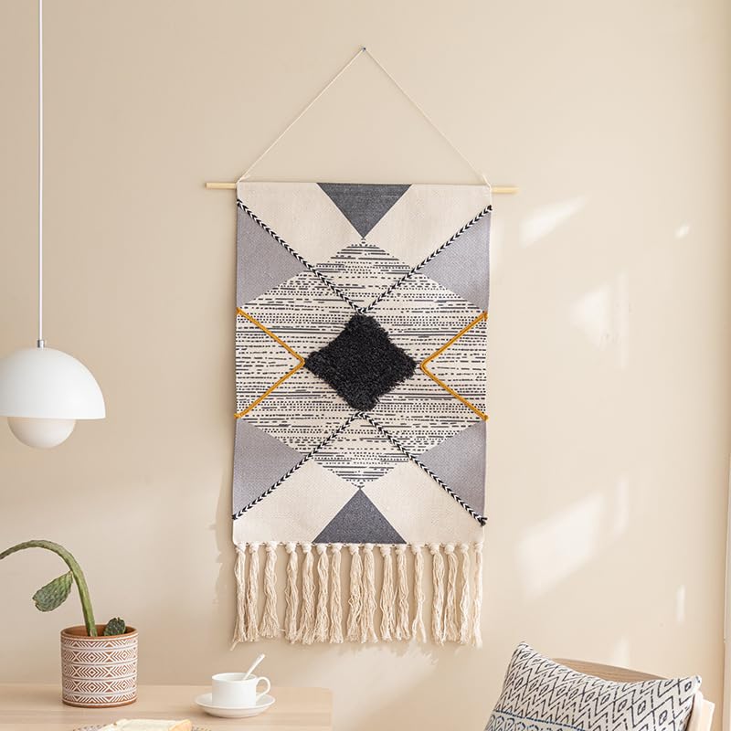 Cotton Wall Tapestry Hanging Decor, 20x34 Large Macrame Woven Boho Chic Bohemian Abstract Geometric Printed Tapestries Decor Gift for Apartment Dorm Kids Livingroom Bedroom Door Entrance Home Office