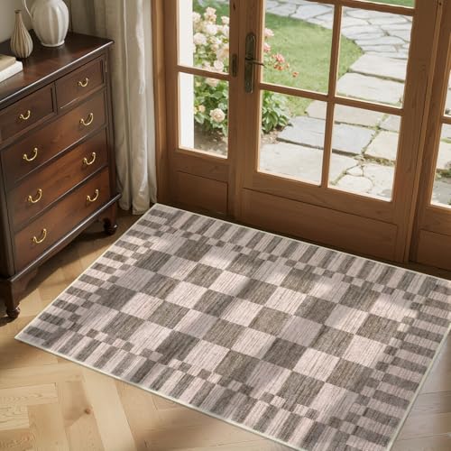 GarveeHome Brown Checkered Rug 2x3 Washable Rug Non-Slip for Entryway, Geometric Tan Brown Print Soft Low-Pile Small Area Rugs,Beige Neutral Modern Geometric Rugs for Kitchen - color: Brown, size: 2' x 3' (Rectangular)