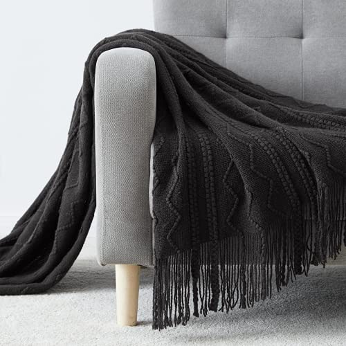 BOURINA Black Throw Blanket 50x60 Inches Throw Textured Solid Soft Sofa Couch Decorative Knit Blanket - color: Black, size: 50"x60"