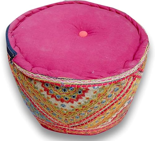 Indian Pouf Footstool Ethnic Embroidered Pouf Cover, India Cotton Round Pouffe Ottoman Pouf Cover Pillow Ethnic Decor Art-Cover Only-Indian Ottoman poufs - color: Alteration-mirror, size: 22"D x 22"W x 14"H