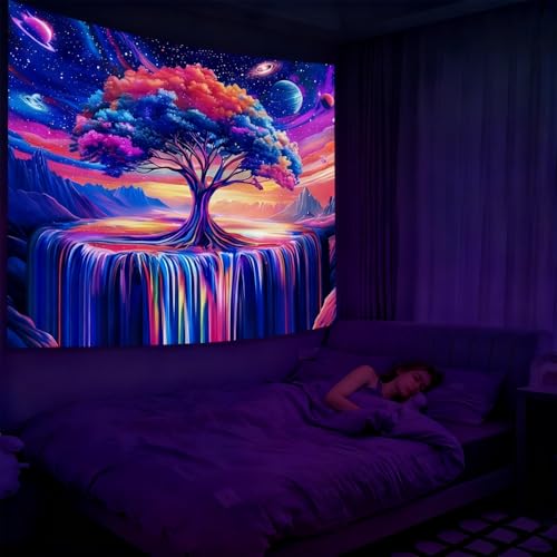 Extra Large Blacklight Tree of Life Tapestry for Bedroom, Black Light Posters Space Galaxy UV Reactive Art Tapestries Aesthetic, Colorful Starry Sky Wall Hanging for Adults Living Room Dorm Decor (71"x90") - color: Black Waterfall Tapestry, size: 90"L x 7