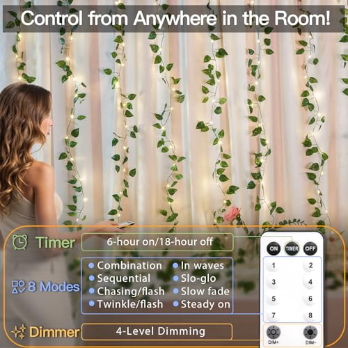 suddus 200 LED Vine with Light Plug in, 6.5ft x 6.5ft Pothos Fairy Curtain Lights with Remote, Leaf Fairy Lights for Wall,Bedroom, Dorm, Wedding, Party, Indoor Decor(Warm White) - color: Pothos, size: Plug In-200led